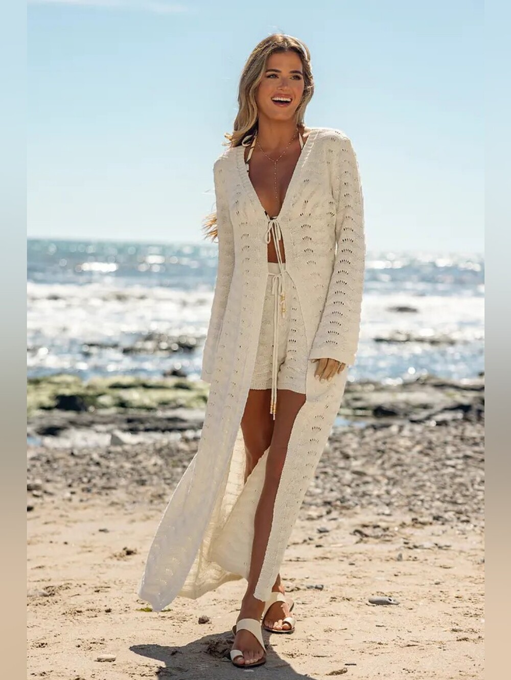 Cupshe Long Sleeve Cream Crochet Long Beach Cover-Up Kimono